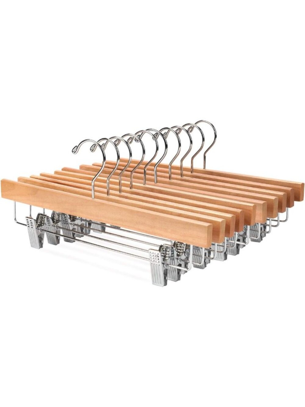 Wooden Pants Hangers with Clips - Anti-Rust Skirt & Jeans Hangers, Pack of 10
